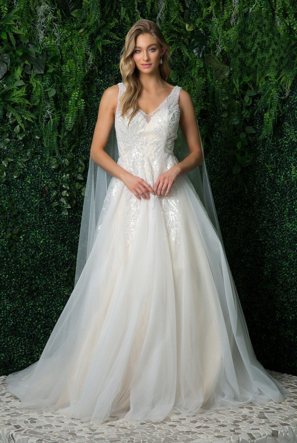 Sequin and Bead Embellished V-Neck Cape Sleeves Tulle Overlay Long Wedding Dress NXJE947-Wedding Dress-smcfashion.com