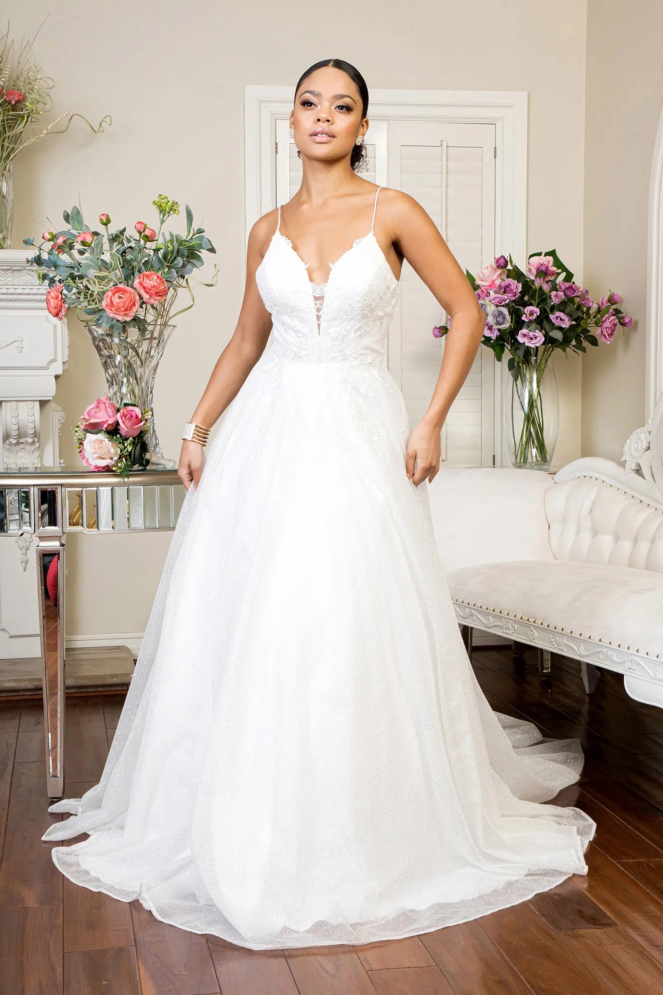 mesh bodice wedding dress Luxury Sheer Tulle Corset Illusion Bodice 3 Sleeves Shiny Bridal Gown Dress 44