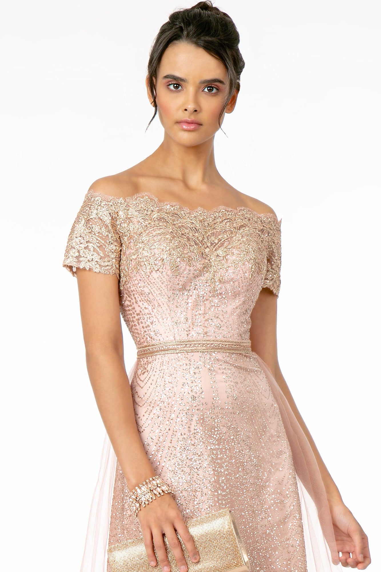 Glitter Print Mesh Cut-Away Shoulder A-Line Long Mother Of