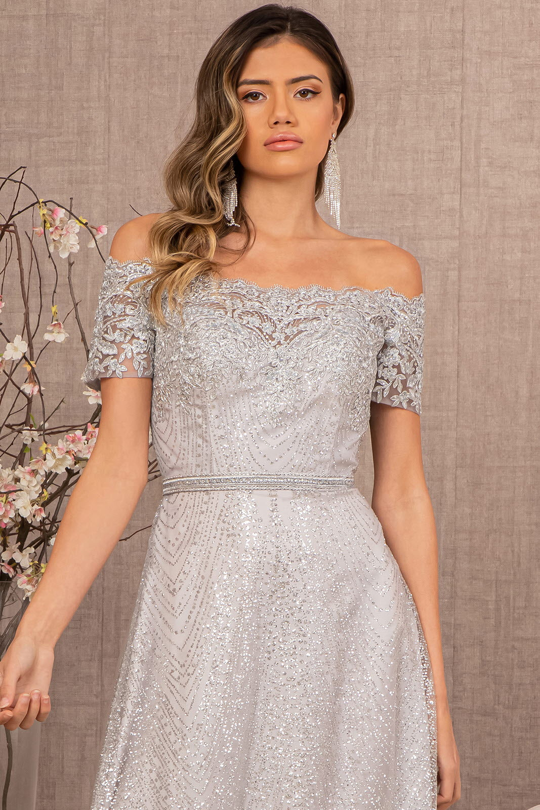 Glitter Print Mesh Cut-Away Shoulder A-Line Long Mother Of