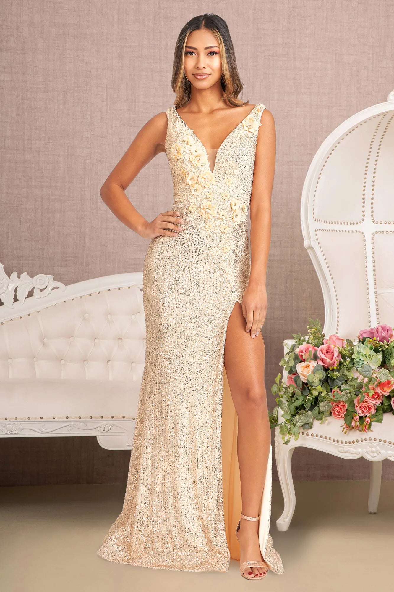 3 d flower applique embroidered sequin mermaid dress w side slit GLGL3056 smcfashion.com 3 d flower applique embroidered sequin mermaid dress w side slit GLGL3056 smcfashion.com