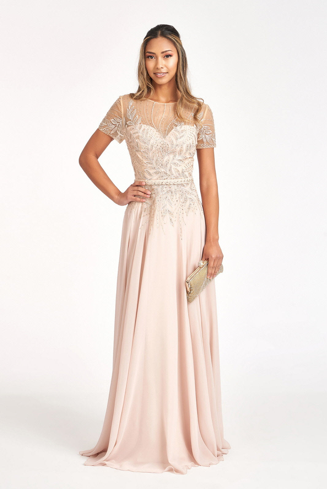 Embroidered Chiffon A-line Dress Short Sleeves and Waistband GLGL3067-MOTHER OF BRIDE-smcfashion.com
