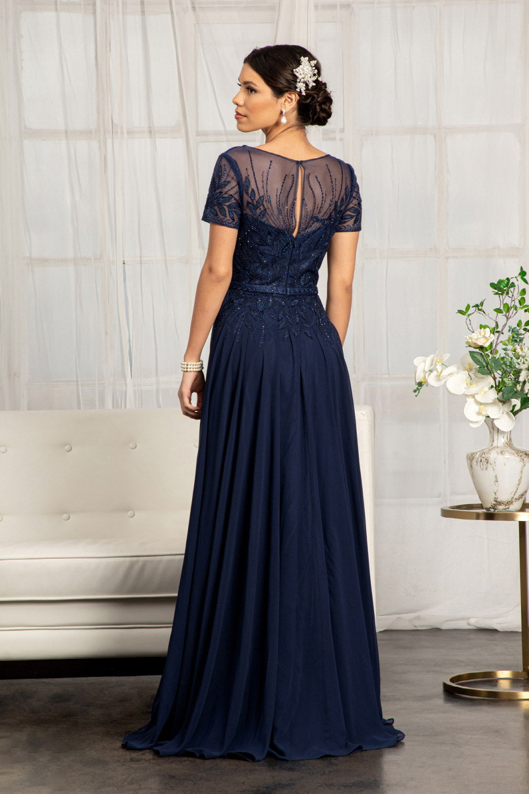 Embroidered Chiffon A-line Dress Short Sleeves and Waistband GLGL3067-MOTHER OF BRIDE-smcfashion.com