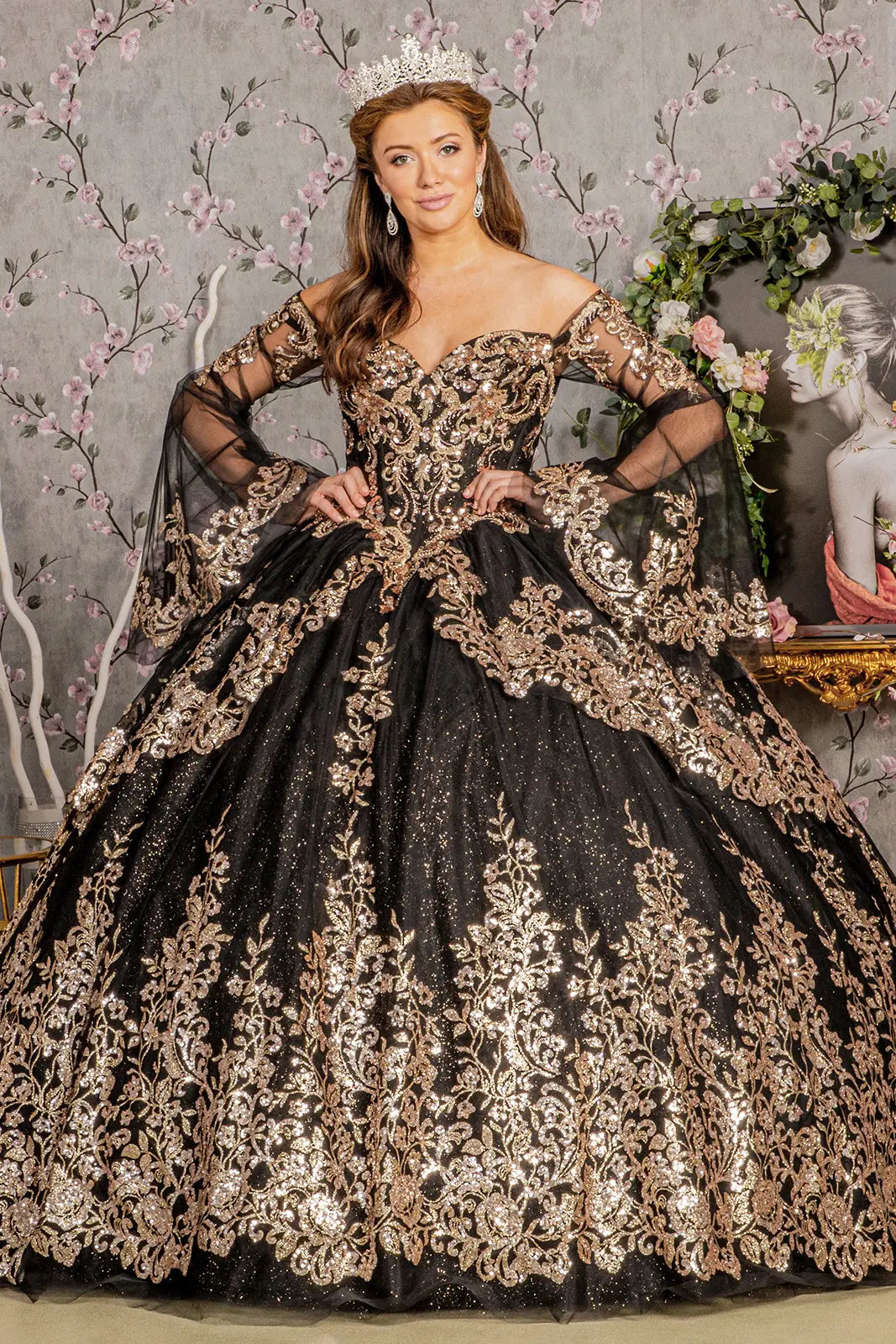 Gold sequin off shoulder mesh ball gown w detachable long sleeves GLGL3184 smcfashion.com Gold sequin off shoulder mesh ball gown w detachable long sleeves GLGL3184 smcfashion.com