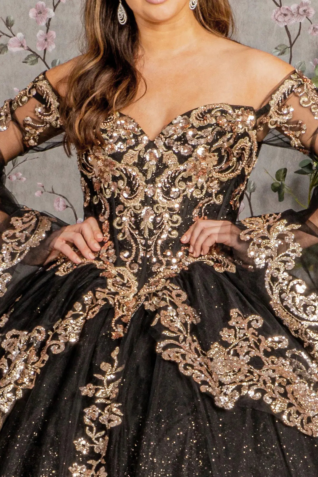 Gold sequin off shoulder mesh ball gown w detachable long sleeves GLGL3184  – smcfashion.com