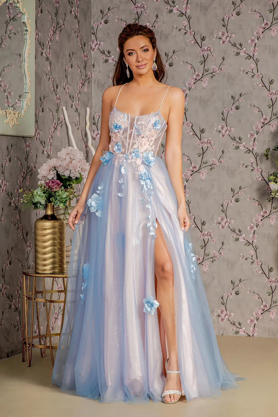 3 d flower sheer bodice cut out back mesh a line long dress GLGL3250 –