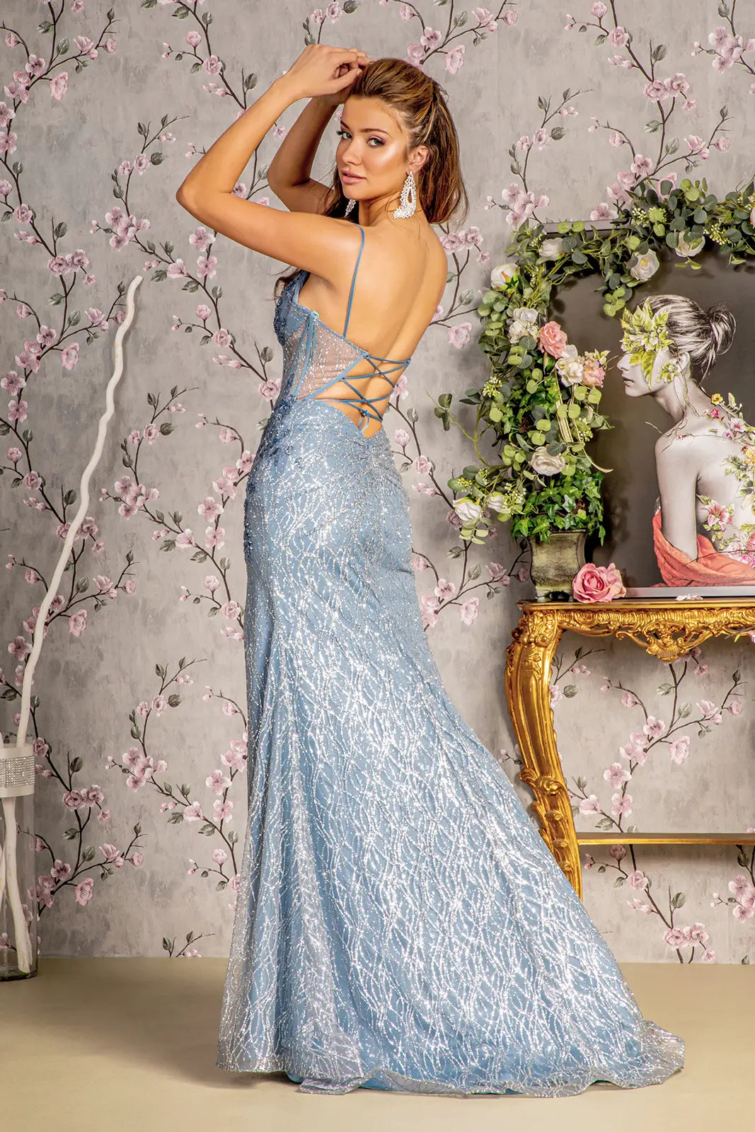Jewel bead sheer bodice ruched back mesh mermaid long dress GLGL3266 smcfashion.com Jewel bead sheer bodice ruched back mesh mermaid long dress GLGL3266 smcfashion.com