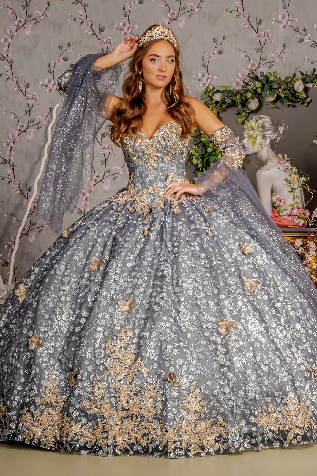 Metallic 3 d butterfly big ribbon mesh ball gown w waist drape GLGL3318   smcfashion.com