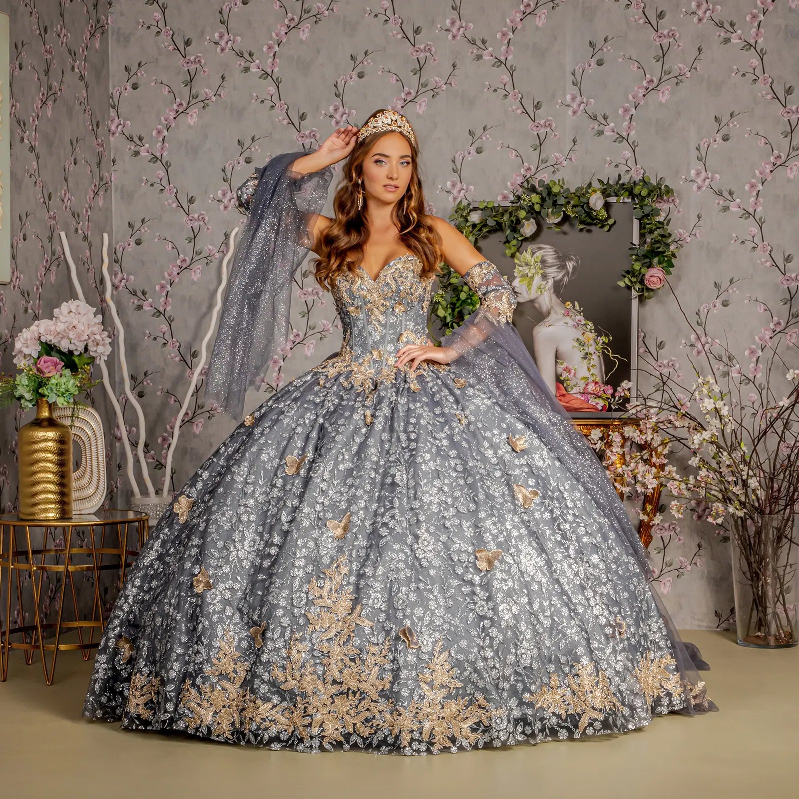 metallic tulle dress Elizabeth K GL3649 - Long Tulle Ballgown Dress