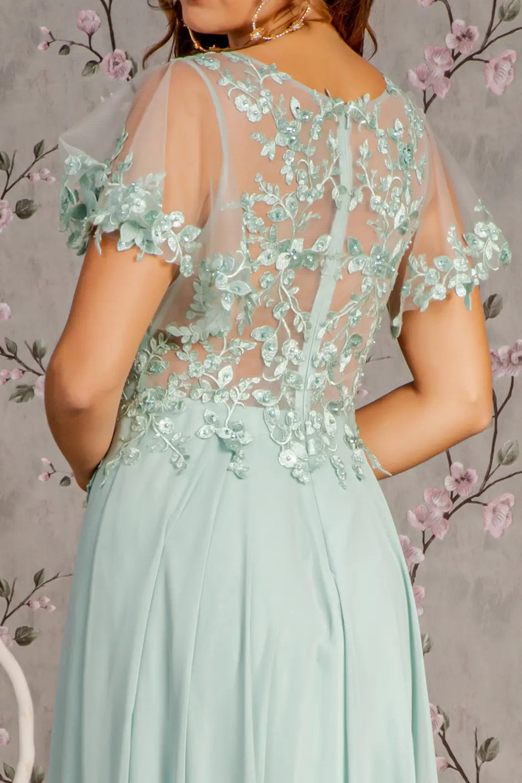 3 d flower embroidery chiffon a line long dress w sheer short sleeves GLGL3352 smcfashion.com 3 d flower embroidery chiffon a line long dress w sheer short sleeves GLGL3352 smcfashion.com