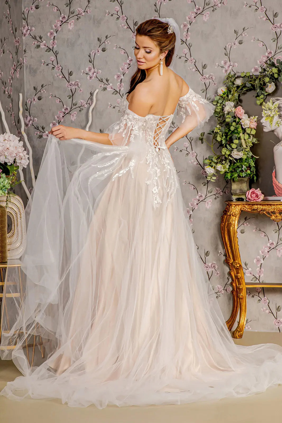 Sheer bodice mesh a line wedding gown w detachable short sleeves GLGL3427 smcfashion.com Sheer bodice mesh a line wedding gown w detachable short sleeves GLGL3427 smcfashion.com