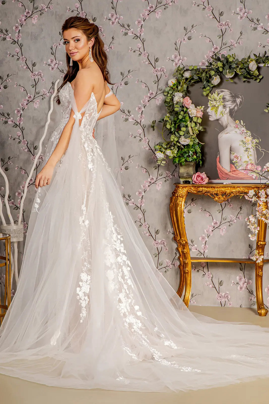 embroidered a line wedding dress Floral embroidery mesh a line wedding gown w long side drapes GLGL3428 –  smcfashion.com