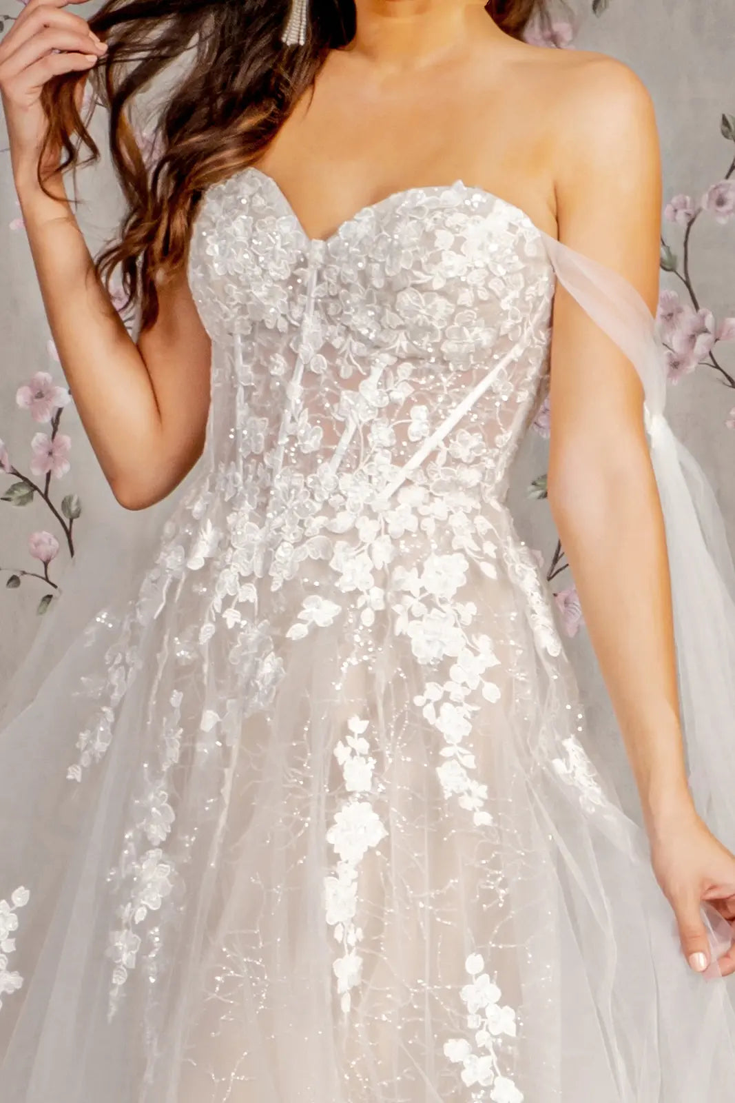 Floral embroidery mesh a line wedding gown w long side drapes GLGL3428 smcfashion.com Floral embroidery mesh a line wedding gown w long side drapes GLGL3428 smcfashion.com