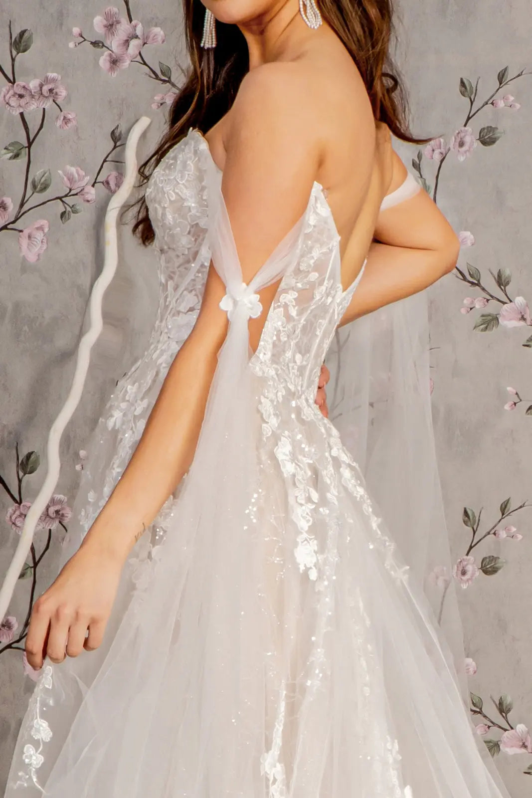 Floral embroidery mesh a line wedding gown w long side drapes GLGL3428 smcfashion.com Floral embroidery mesh a line wedding gown w long side drapes GLGL3428 smcfashion.com
