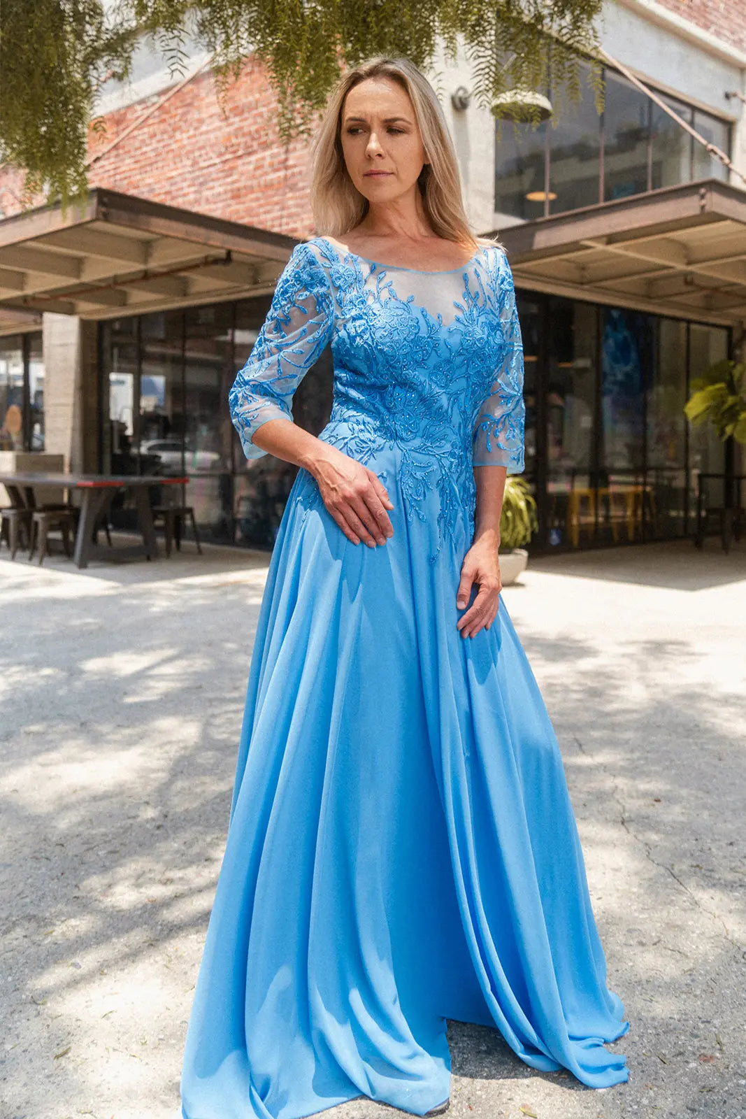 Bead embroidery sheer neckline v back chiffon a line long dress GLGL3445 –