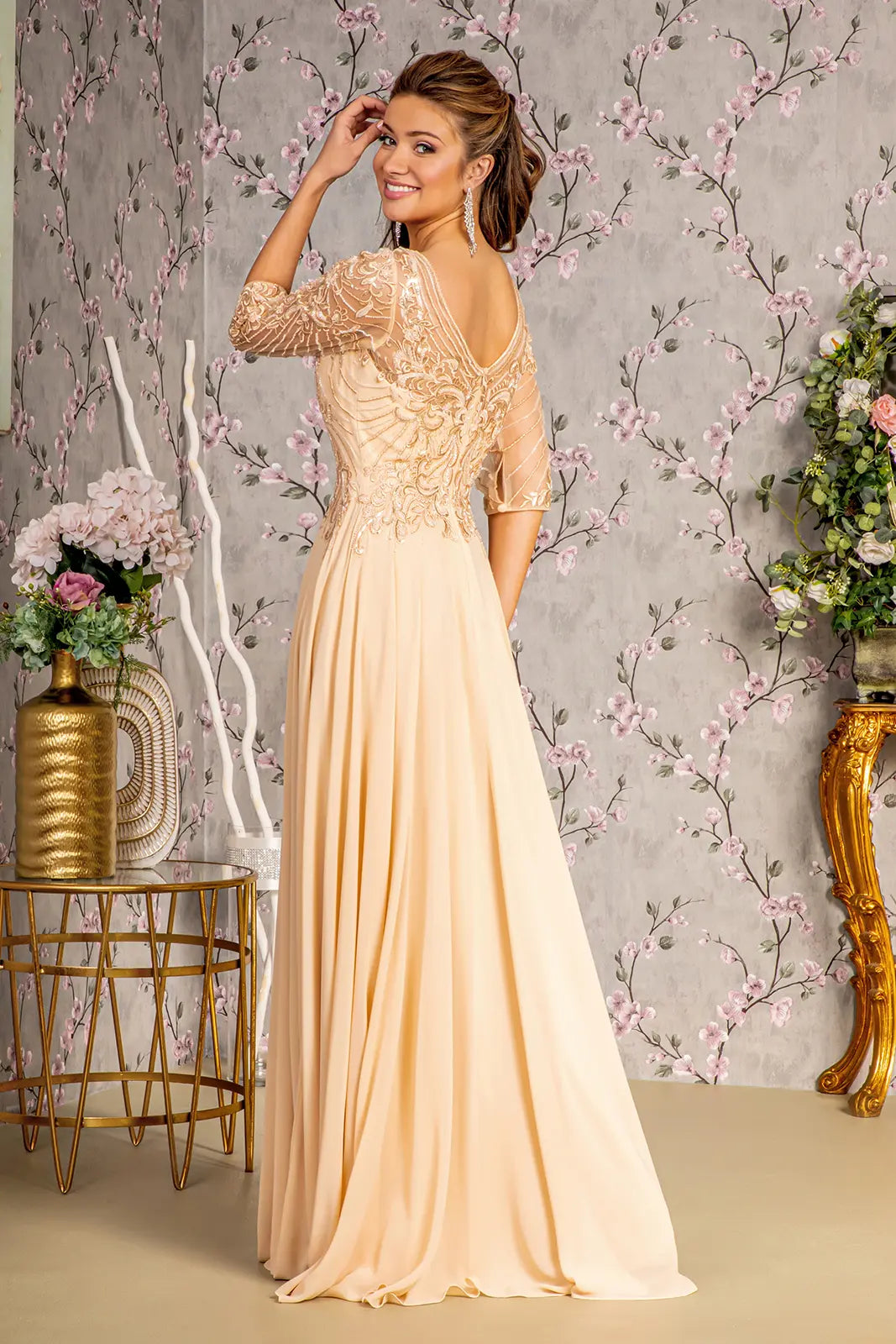 Metallic sequin sheer neckline chiffon a line long dress GLGL3446 –