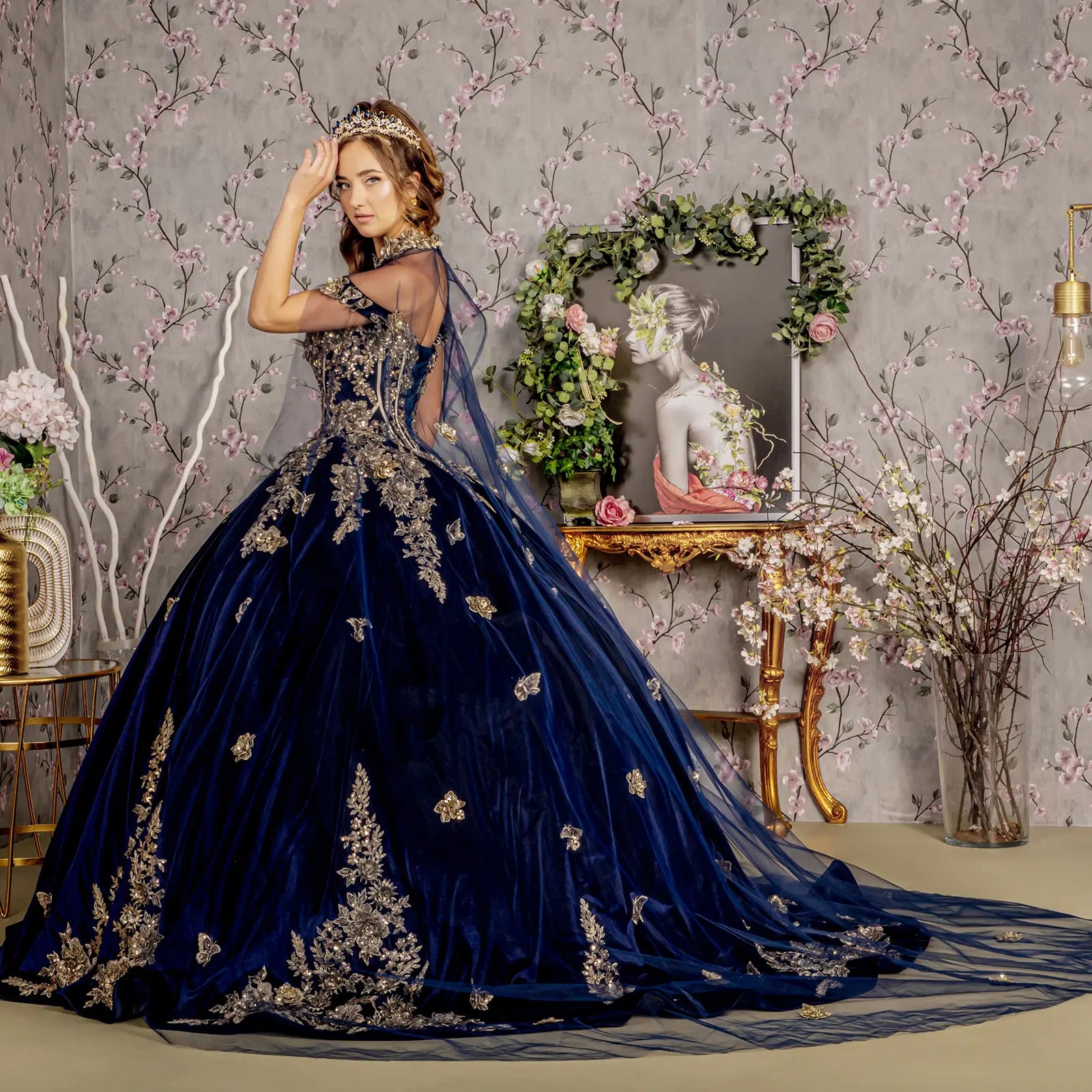 Metallic embroidery jewel velvet ball gown w long mesh cape GLGL3471 smcfashion.com Metallic embroidery jewel velvet ball gown w long mesh cape GLGL3471 smcfashion.com