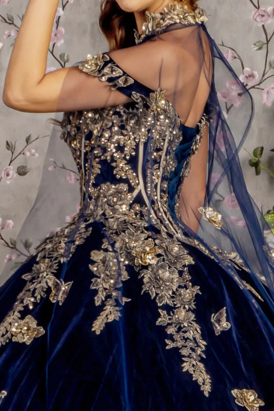 Metallic embroidery jewel velvet ball gown w long mesh cape GLGL3471 –  smcfashion.com