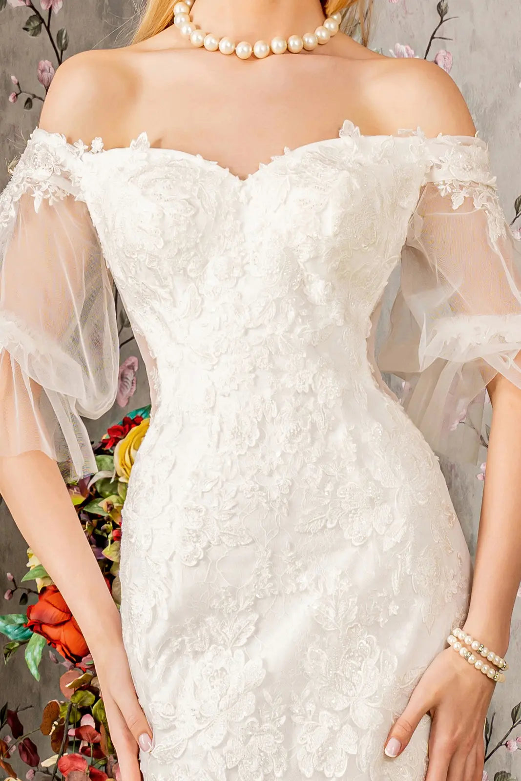 Floral embroidery bead sheer sleeves mesh mermaid wedding gown GLGL3479 –  smcfashion.com
