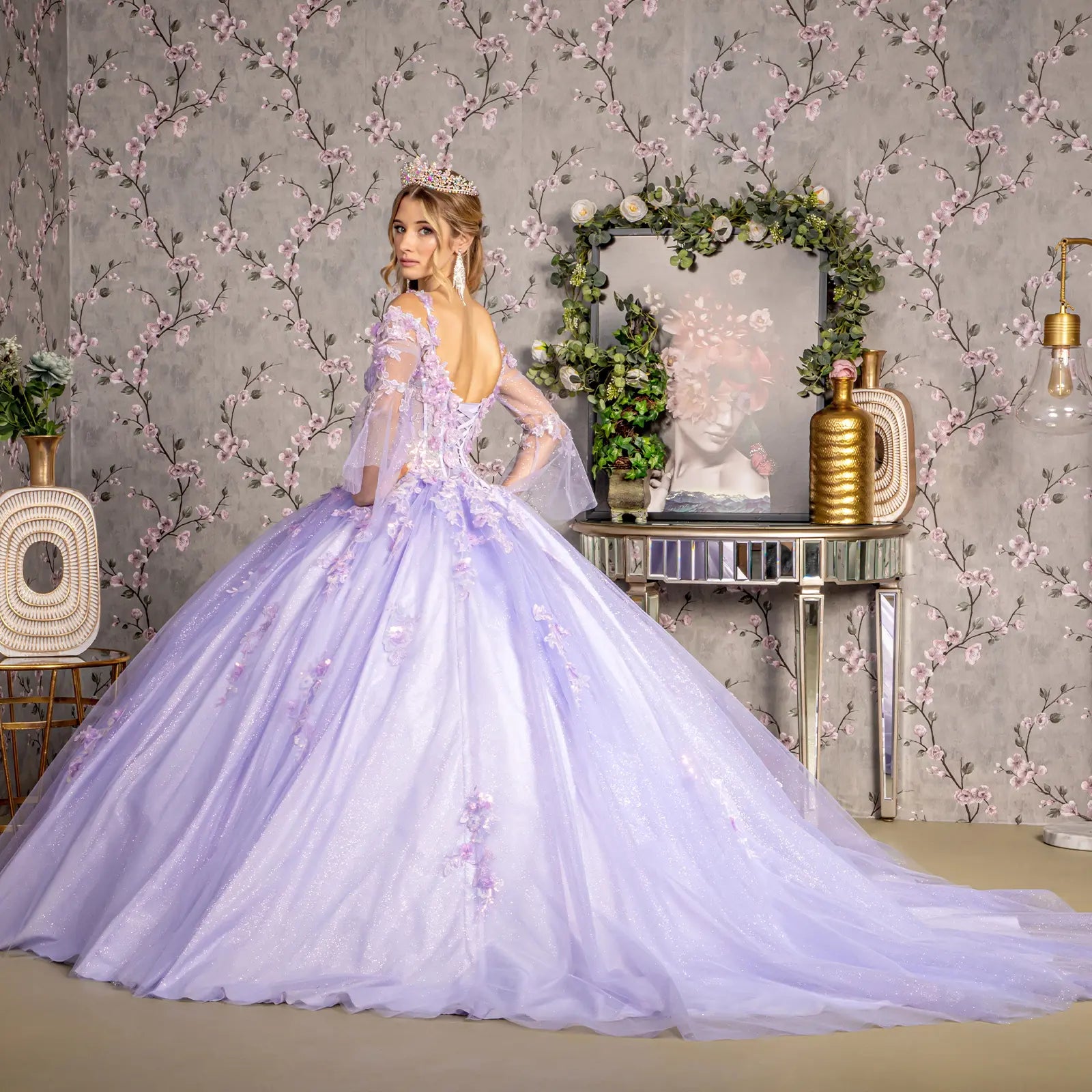 Jewel glitter sequin sweetheart mesh ball gown w long sleeves GLGL3484 –  smcfashion.com