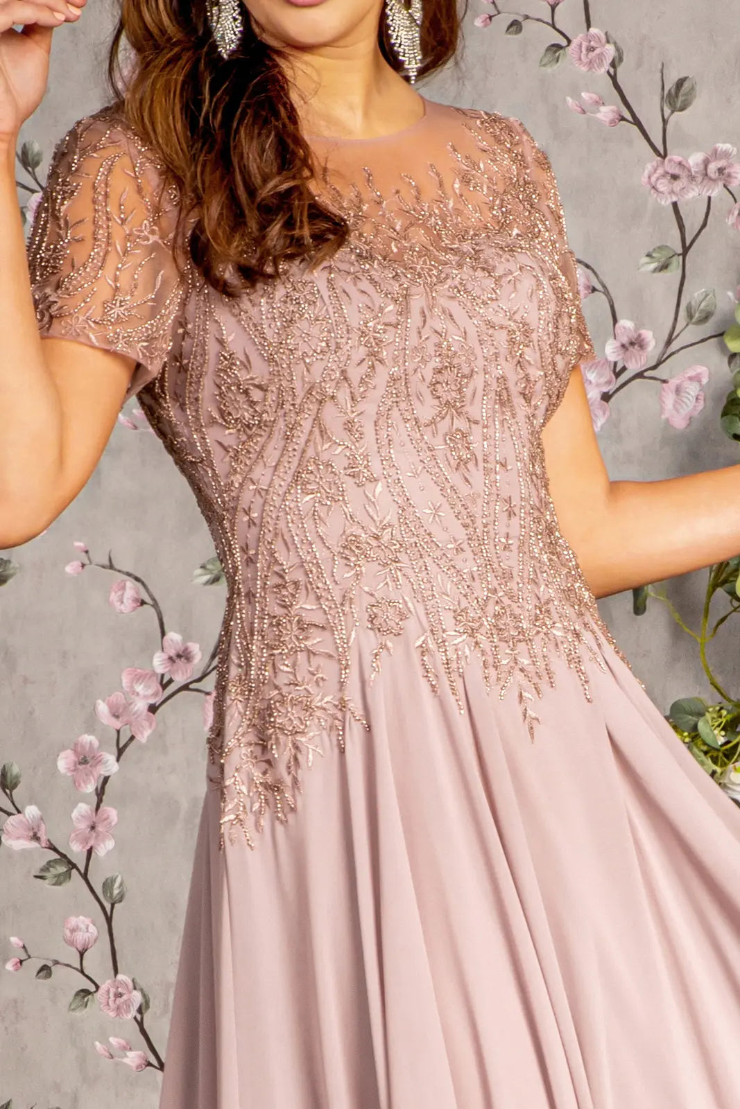 Bead embroidery sheer short sleeves a line mesh long dress GLGL3492 –