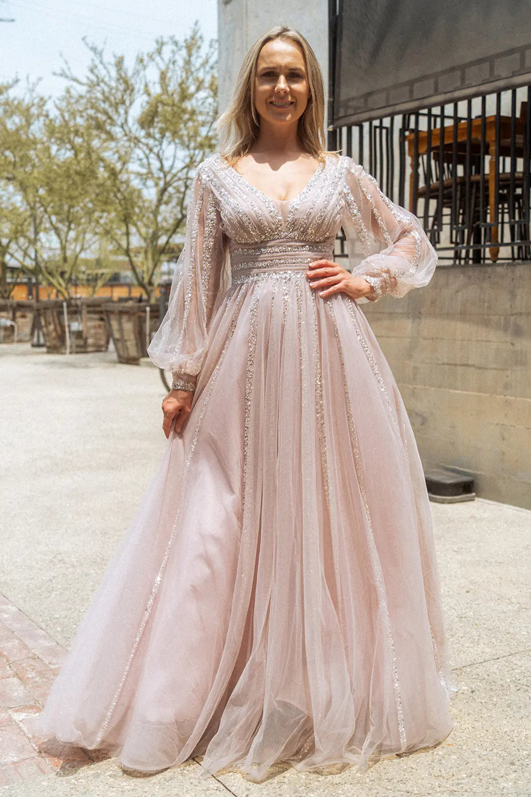 Bead sequin mesh a line long dress w sheer puff sleeves GLGL3495 smcfashion.com Bead sequin mesh a line long dress w sheer puff sleeves GLGL3495 smcfashion.com
