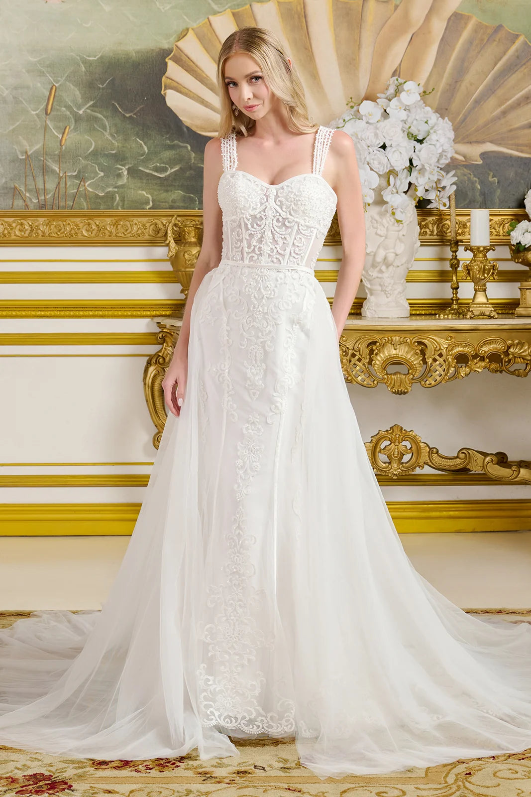 Multiple beaded spaghetti straps silk bias tape fitted wedding gown w detachable overskirt GLGL3654 –