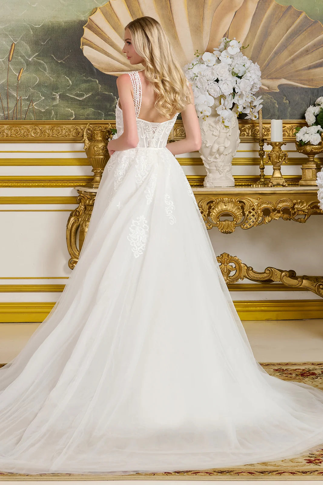 Multiple beaded spaghetti straps silk bias tape fitted wedding gown w detachable overskirt GLGL3654 smcfashion.com Multiple beaded spaghetti straps silk bias tape fitted wedding gown w detachable overskirt GLGL3654 smcfashion.com