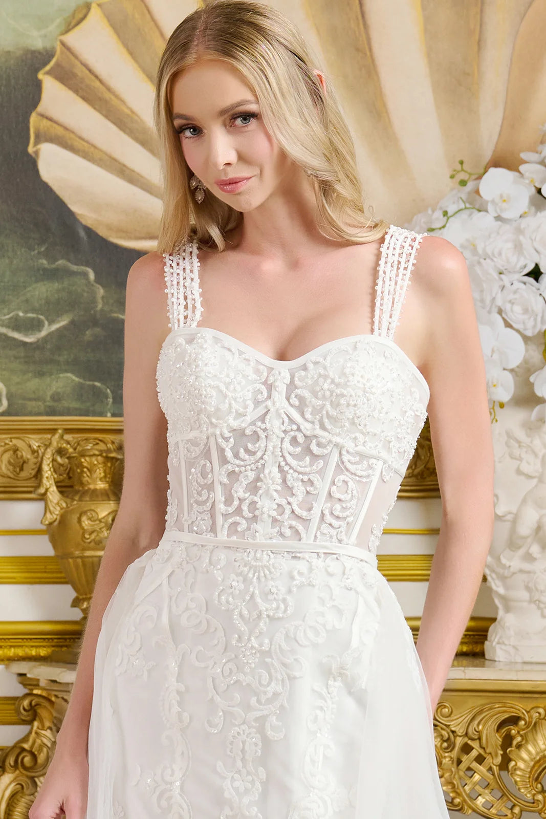 Multiple beaded spaghetti straps silk bias tape fitted wedding gown w detachable overskirt GLGL3654 smcfashion.com Multiple beaded spaghetti straps silk bias tape fitted wedding gown w detachable overskirt GLGL3654 smcfashion.com