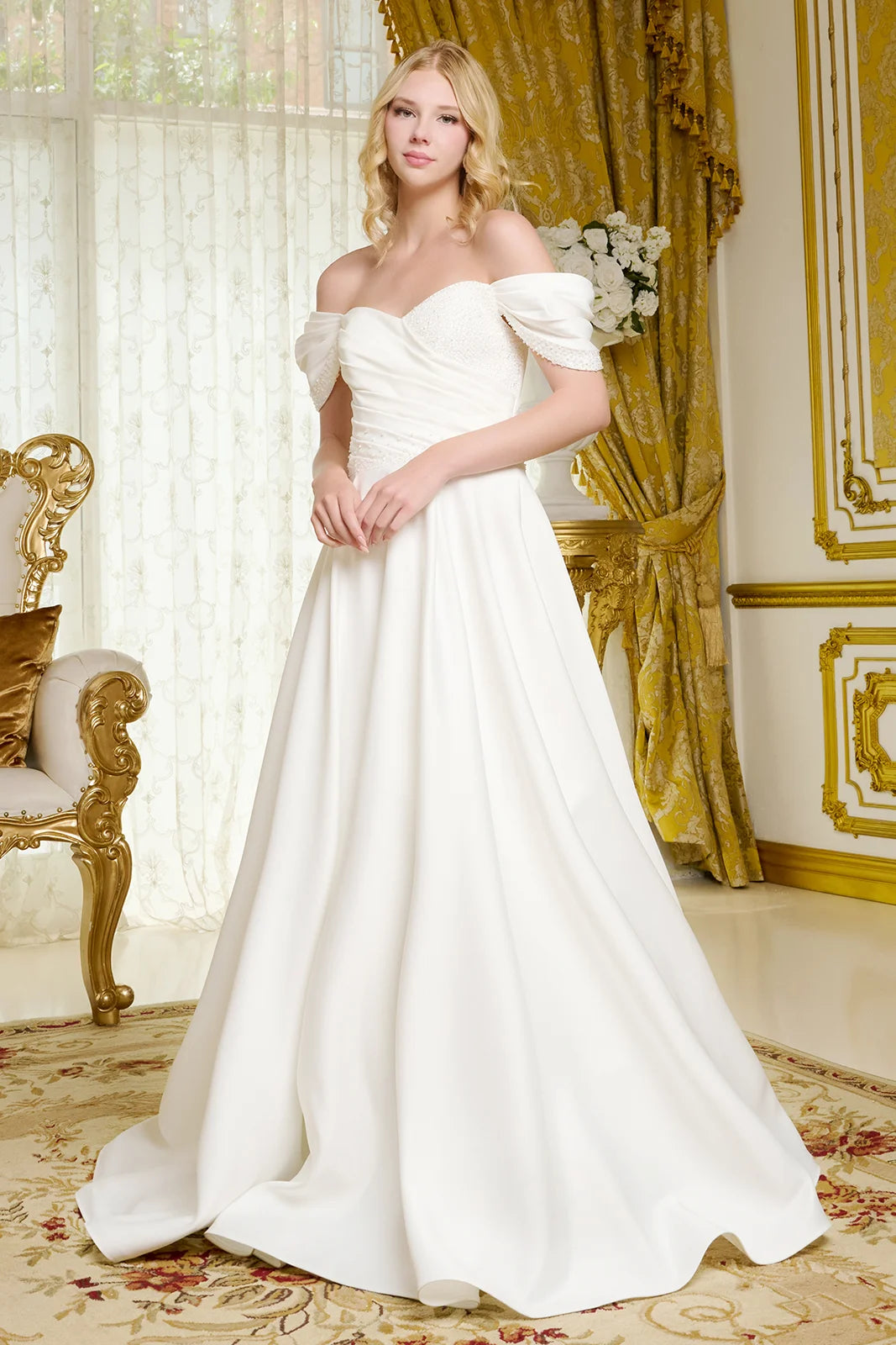 Cross over pleated embellished bodice pleated shoulder straps w beads satin wedding gown GLGL3655 – smcfashion.com Cross over pleated embellished bodice pleated shoulder straps w beads satin wedding gown GLGL3655 – smcfashion.com