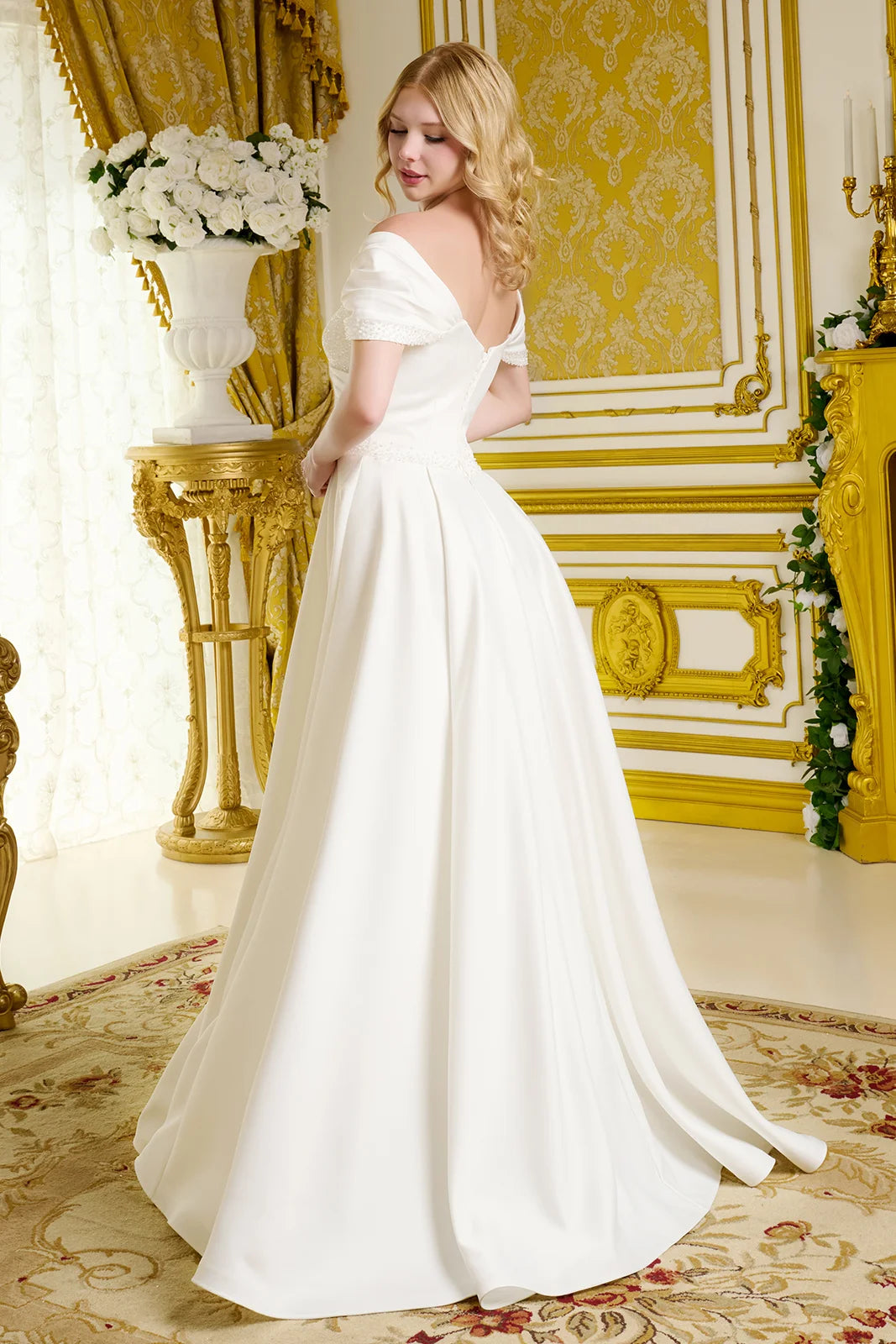 Cross over pleated embellished bodice pleated shoulder straps w beads satin wedding gown GLGL3655 –