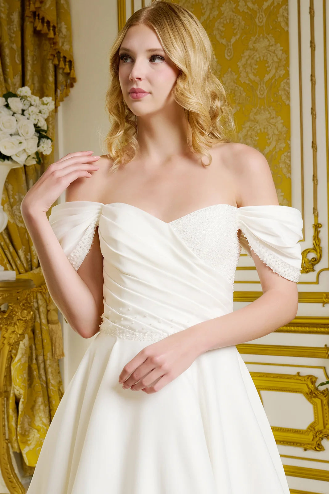 Cross over pleated embellished bodice pleated shoulder straps w beads satin wedding gown GLGL3655 –