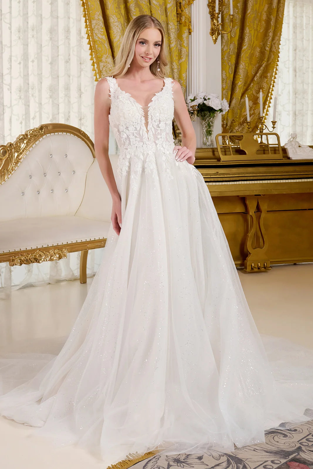 V neck embellished shoulder straps glittery underlayer low v back a line wedding gown GLGL3661 – smcfashion.com V neck embellished shoulder straps glittery underlayer low v back a line wedding gown GLGL3661 – smcfashion.com