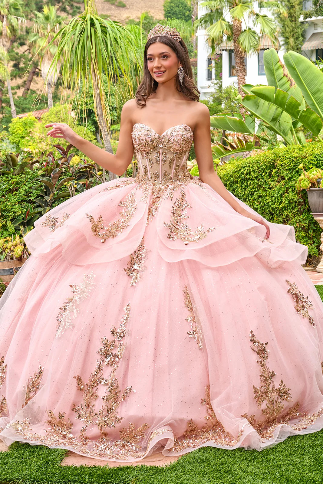 Strapless sweetheart neckline high low waist ruffle layers train ball gown with metal grommets GLGL3724 smcfashion.com Strapless sweetheart neckline high low waist ruffle layers train ball gown with metal grommets GLGL3724 smcfashion.com