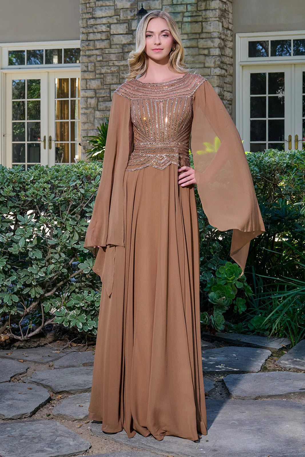 Scoop neckline short raglan cape sleeves bejeweled bodice chiffon skirt a line dress GLGL3736 –