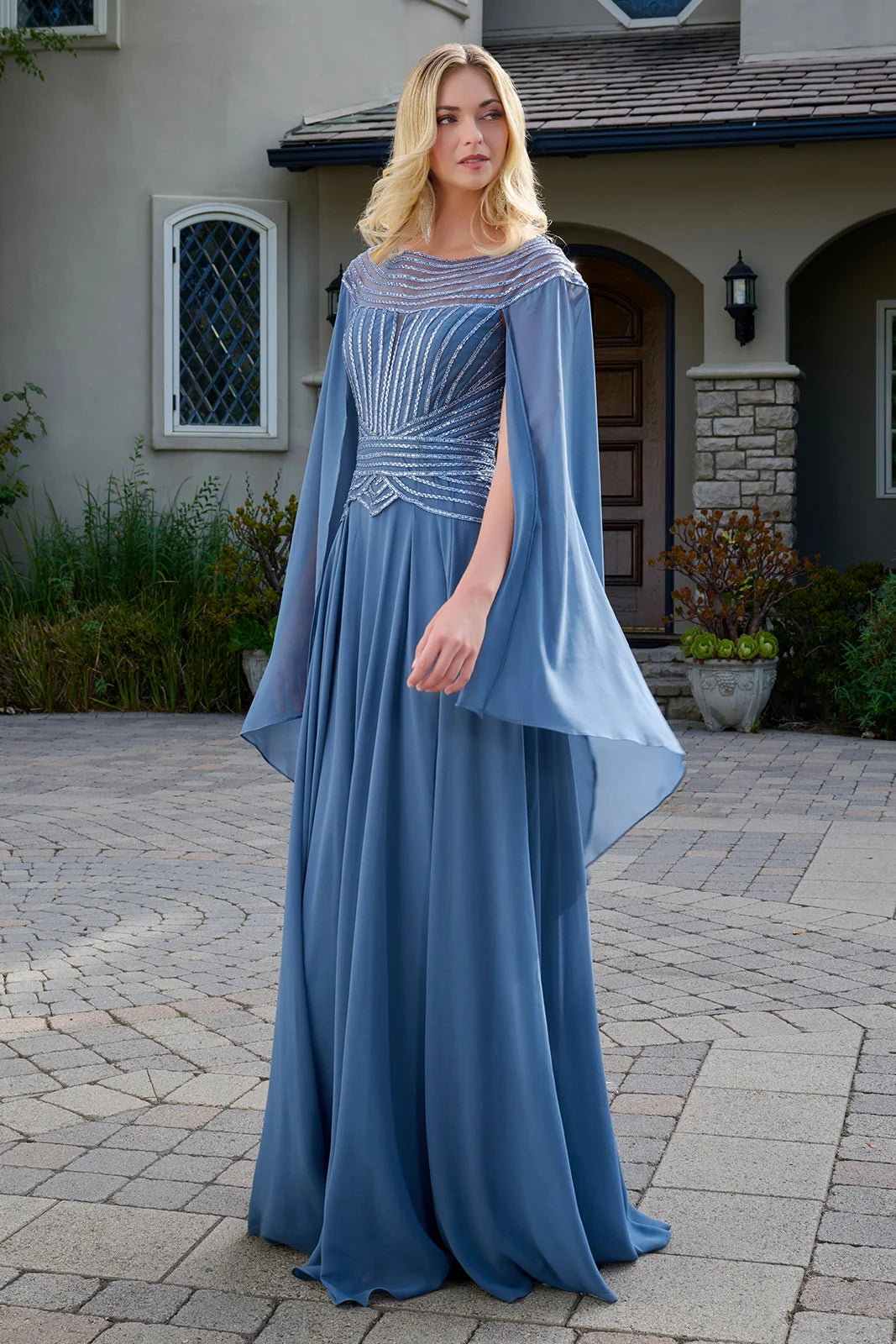 Scoop neckline short raglan cape sleeves bejeweled bodice chiffon skirt a line dress GLGL3736 –