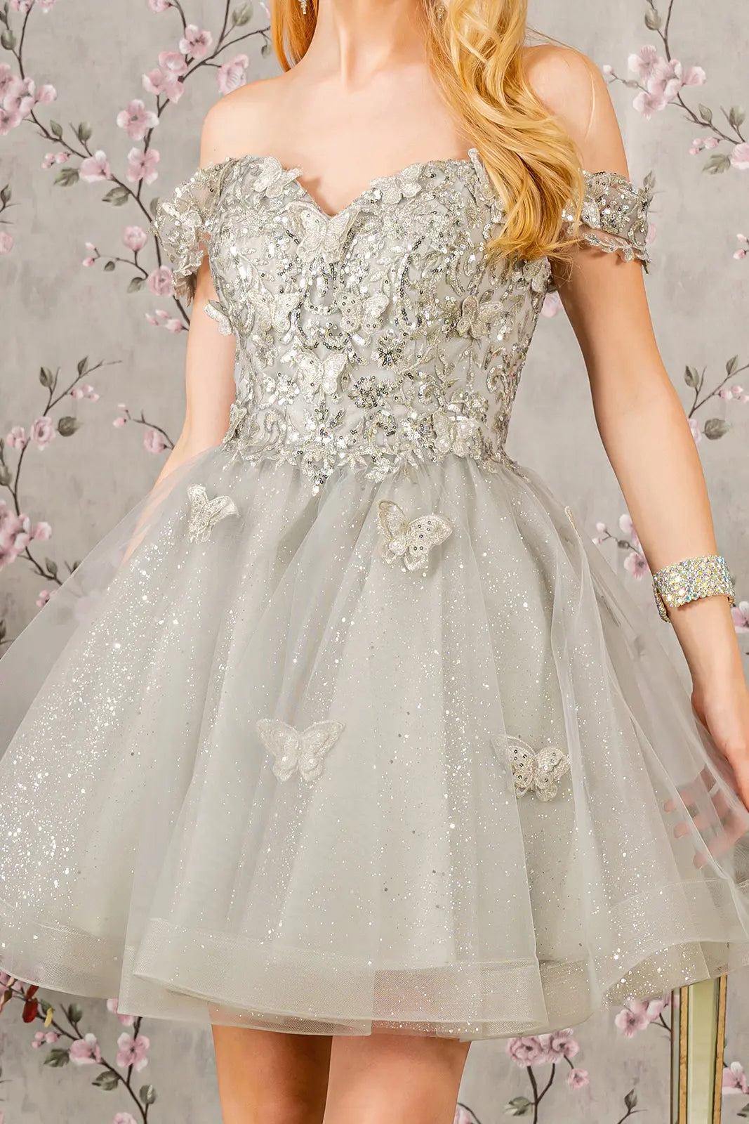 Butterfly applique sequin mesh babydoll dress w sheer straps GLGS3186 –