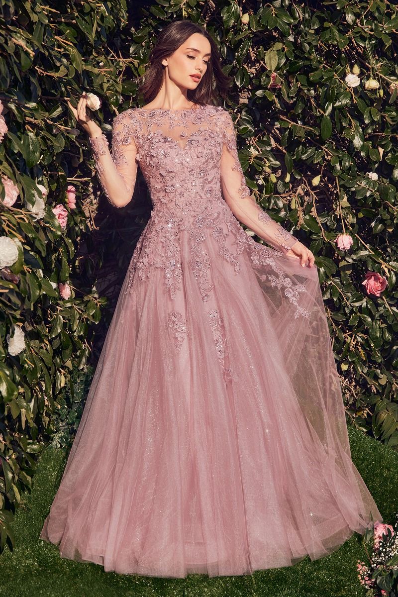 Ceremonial A-Line Layered Tulle Gown w/ Long Sheer... –