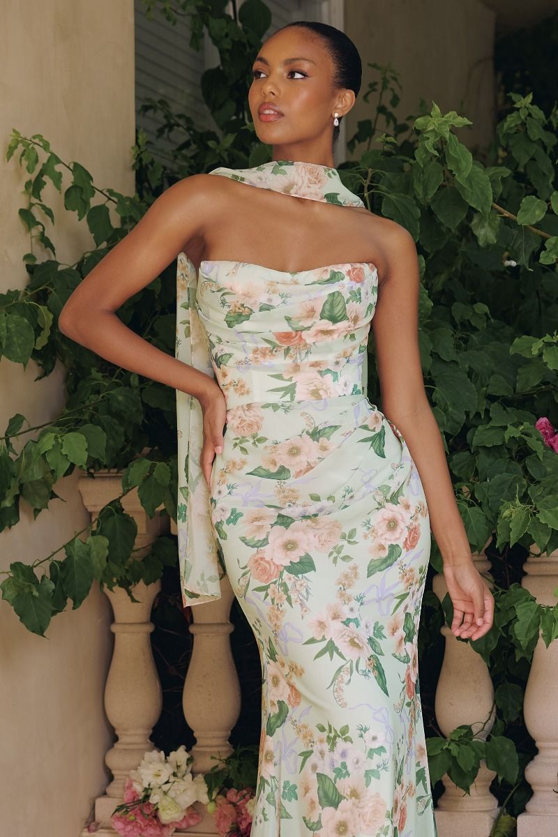 Floral Printed Sheath Bridesmaid Dress w/ Straight... –