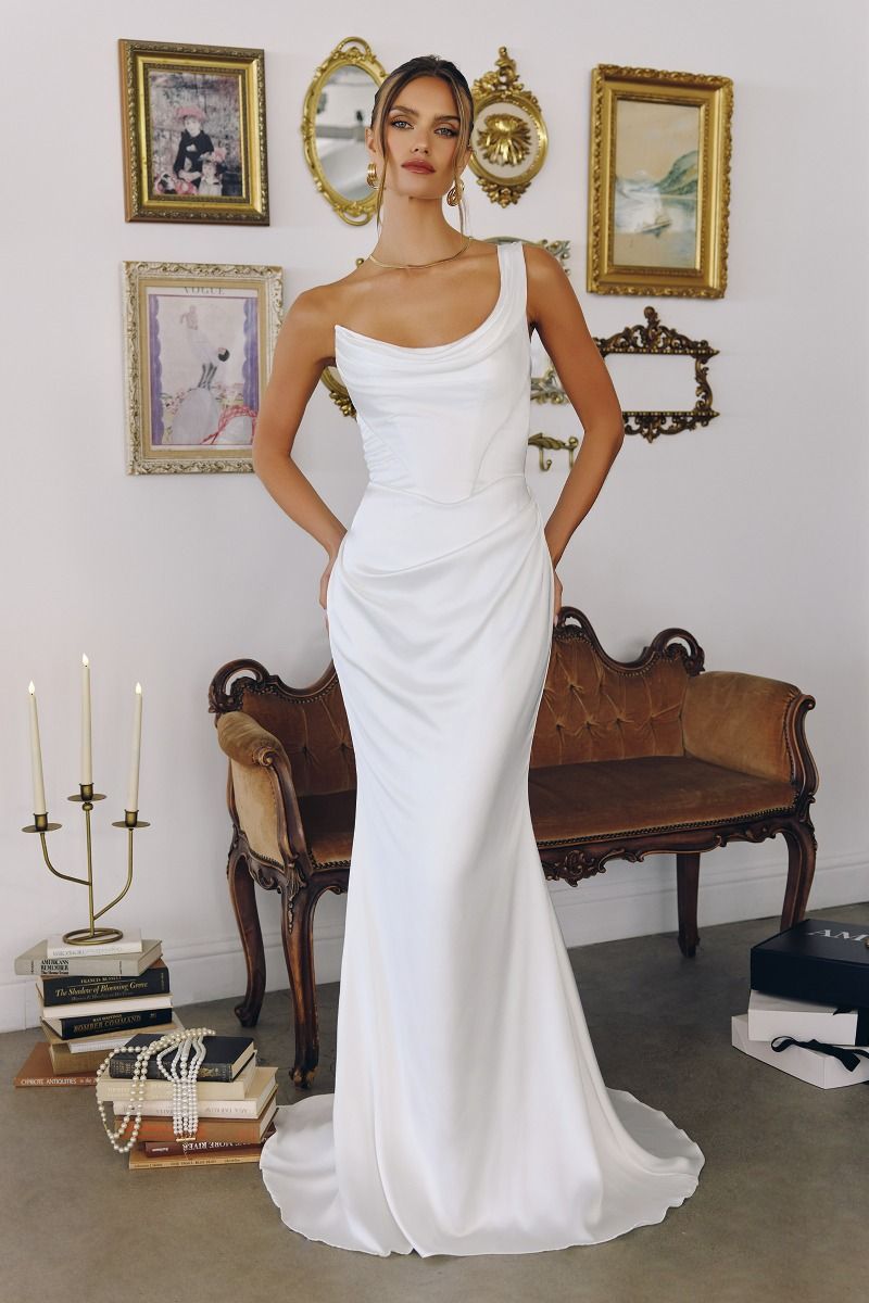 Snow White One Shoulder Sheath Wedding Gown w/ Corset... –