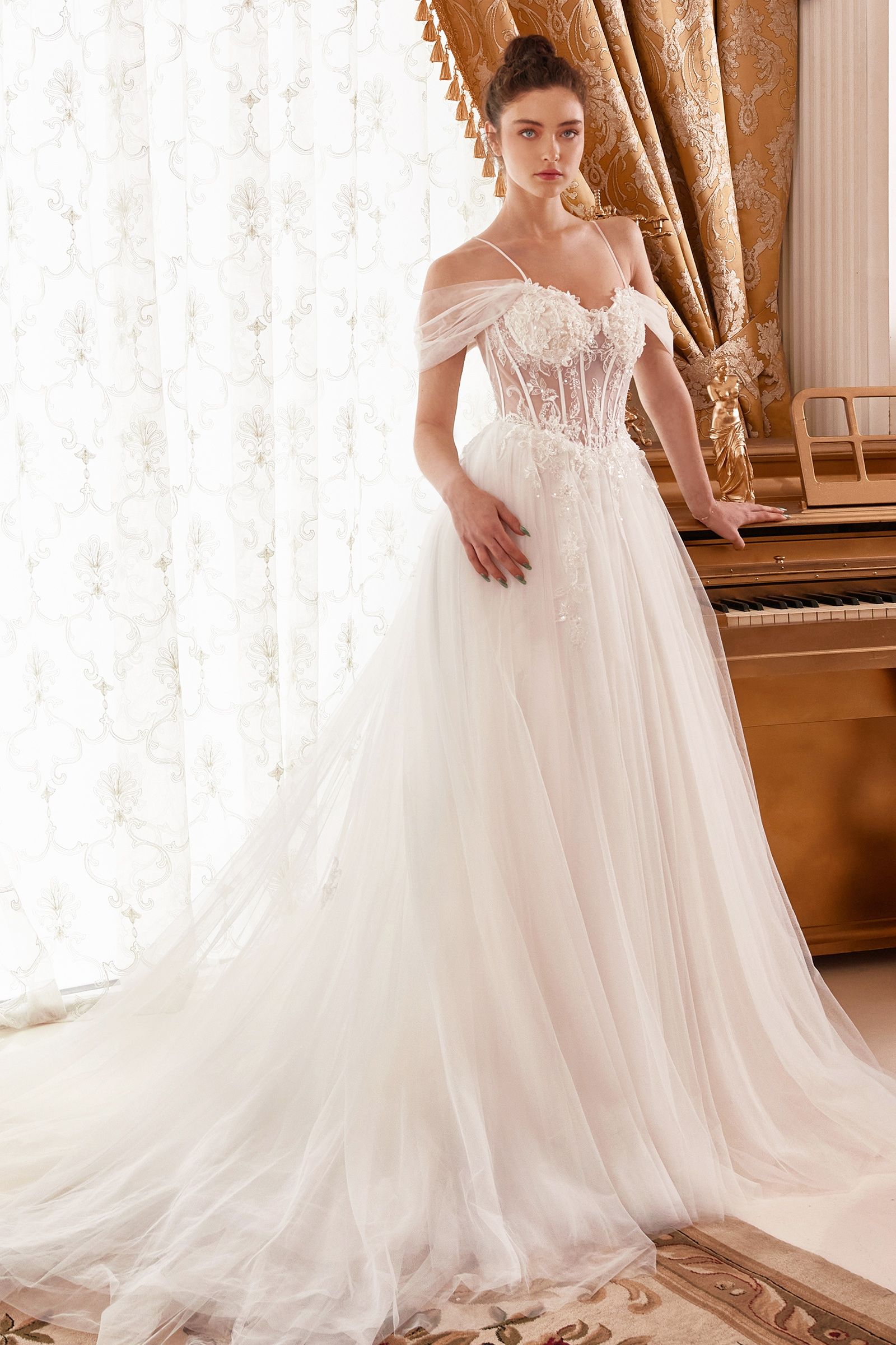Off-Shoulder Corset Tulle Wedding Gown with Draped... –