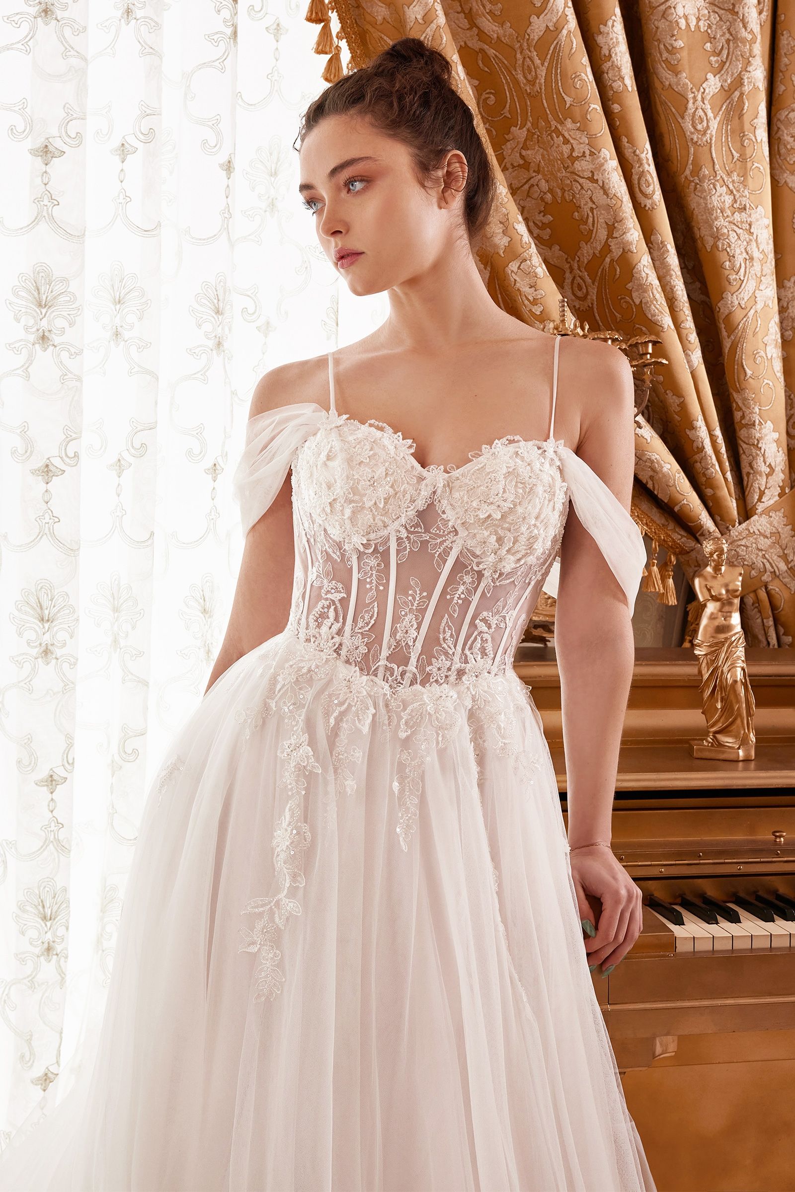 Off-Shoulder Corset Tulle Wedding Gown with Draped... –