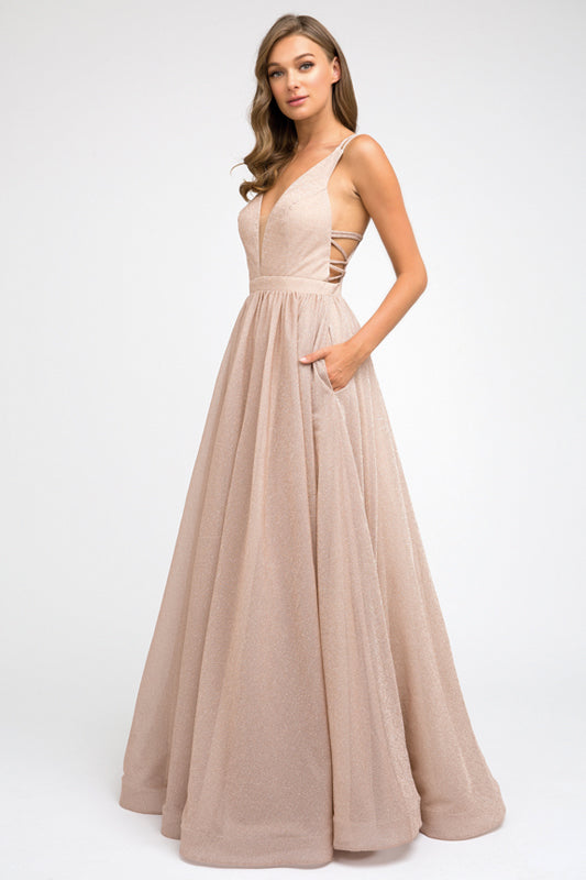 Plunging V-Neck Glitter A-Line Long Prom Dress JT201-Prom Dress-smcfashion.com