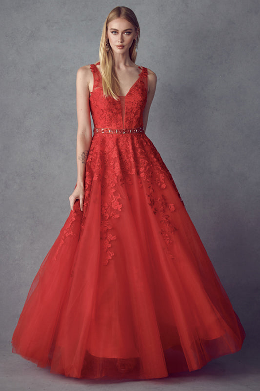 Embroidered Lace Embellished Jewel Waist Long Prom Dress JT224-Prom Dress-smcfashion.com