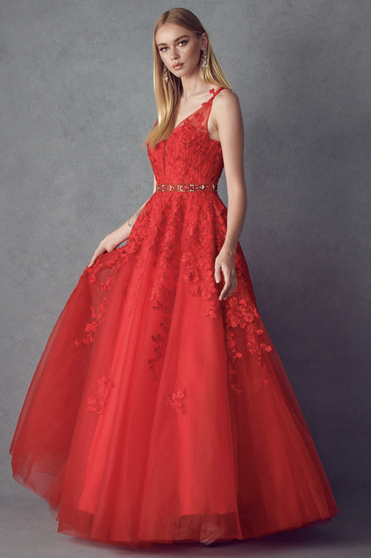 Embroidered Lace Embellished Jewel Waist Long Prom Dress JT224-Prom Dress-smcfashion.com