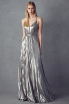 Pleated V-Neck Embellished Metallic Open Criss Cross Back Long Prom Dress JT226-Prom Dress-smcfashion.com