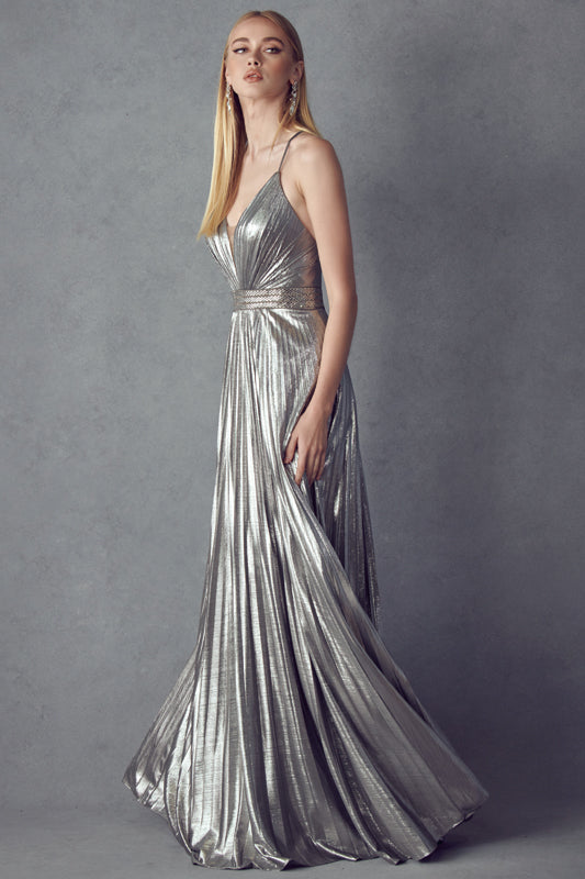 Pleated V-Neck Embellished Metallic Open Criss Cross Back Long Prom Dress JT226-Prom Dress-smcfashion.com