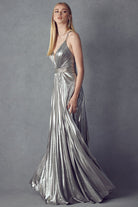 Pleated V-Neck Embellished Metallic Open Criss Cross Back Long Prom Dress JT226-Prom Dress-smcfashion.com