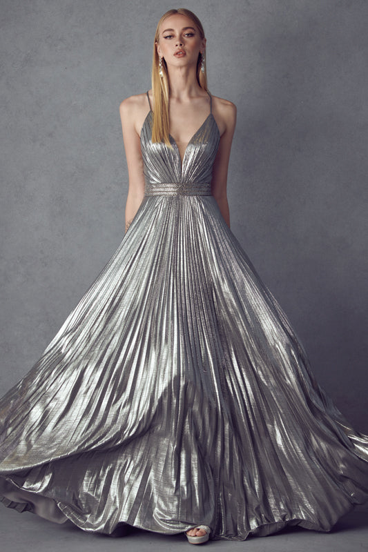 Pleated V-Neck Embellished Metallic Open Criss Cross Back Long Prom Dress JT226-Prom Dress-smcfashion.com