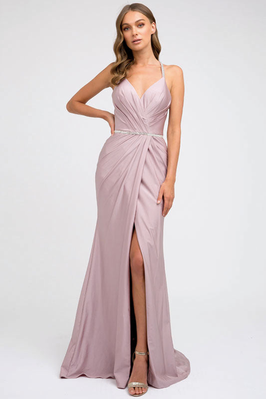 Ruched Bodice Fitted Embellished Waist Long Prom Dress JT233-Prom Dress-smcfashion.com